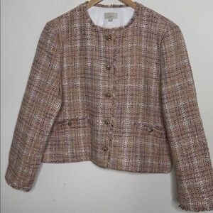 LOFT Pink and White Tweed Jacket XL with gold buttons